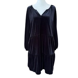 Gap Black Velvet Tiered Mini Dress‎ with 3/4 Sleeves Womens L Whimsigoth Vampire